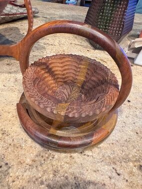 Carved Wooden Basket Bowl with Handle - Rustic Brown